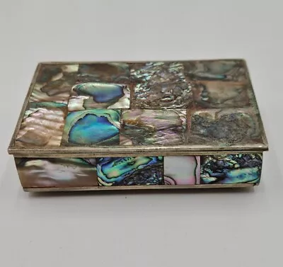 Vintage Silver Abalone Shell Mosaic Jewelry Trinket Box Beautiful Mexico Signed • $39