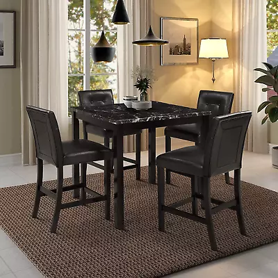 5-Piece Faux Marble Top Dining Set Counter Height Kitchen Table Set With 4 Blac • $561.99