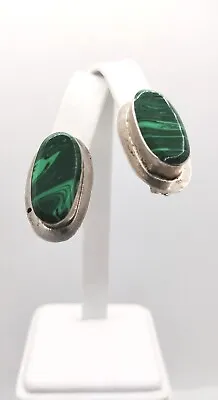 Vintage Sterling Silver 925 Oval Malachite Cabochon Elongated Earrings Signed • $89.25