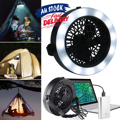 Portable 2 In 1 LED Fan Camping Rechargeable For Outdoor USB Tent Lamp With Hook • $27.55