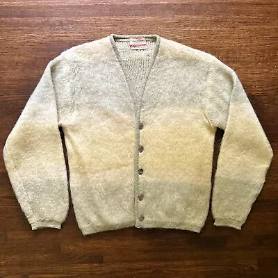 Vintage 60s Jantzen Stripe Wool Mohair Cardigan Fuzz Sweater Grunge Rockabilly M • $199