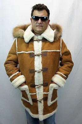 COGNAC 100% SHEEPSKIN SHEARLING SUEDE LEATHER MARLBORO Trench Coat Jacket S-8XL • $377.10