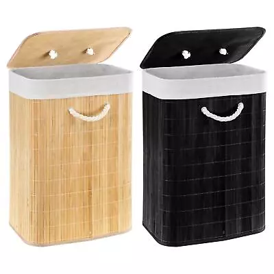 Bamboo Laundry Basket With Lid Foldable Washing Clothes Bin Hamper With Liner • £14.99