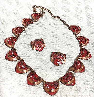Vintage MCM Matisse Red Spotted Enamel W/Copper Necklace & Earrings Set Signed • $79.99