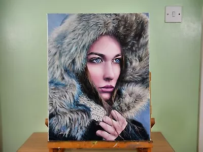 Original Portrait Oil Painting Girl Fur Hood Blue Eyes Signed 20x16 • £500