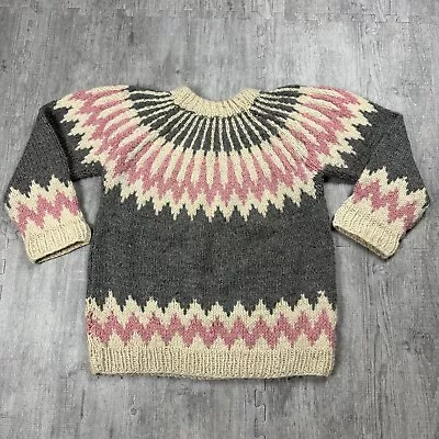 Vtg Hand Knit Nordic Icelandic Sweater Grey Pink White Chunky Adult L Greece Euc • $79.99