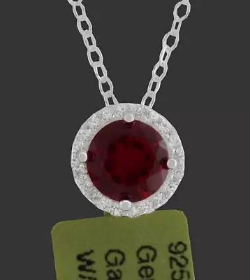 LAB CREATED 1.12 Cts GARNET & WHITE SAPPHIRES PENDANT NECKLACE .925 Silver - NWT • $0.99