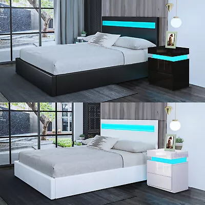 Ottoman Storage Bed Gas Lift Double King Size Wooden Bed Frame With LED Light • £95.99