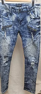 CJ Black Jeans Mens True 34x32 Denim Blue Acid Wash Marbled Moto Distressed Rock • $19.99