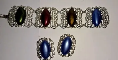 Vintage Sarah Coventry Bracelet Silver Multi Colored Stones W/ Clipon Earrings  • $24.98