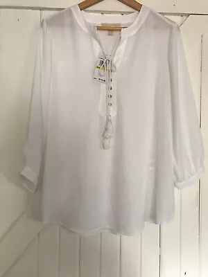 Michael Kors Sz Medium White Long Sleeve Scoop Neck Shirt Blouse Sheer • $17.99