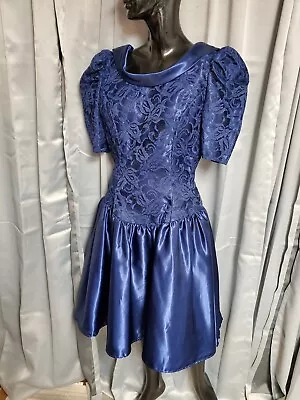 M VTG 80s Prom Formal Lacy Royal Electric Blue Dress Puff Sleeves Poly Acetate • $35.99