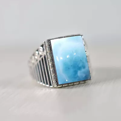 Solid 925 Sterling Silver Natural Blue Dominican Larimar Gemstone Huge Mens Ring • $42.99