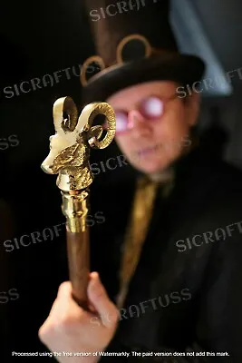 Victorian Foldable Wooden Walking Stick With Brass Goat Head Handle. • $36.90