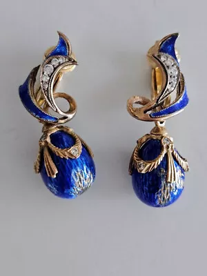 Vintage Egg Diamond Blue Enamel Earrings Solid 14k Yellow Gold • $799.99