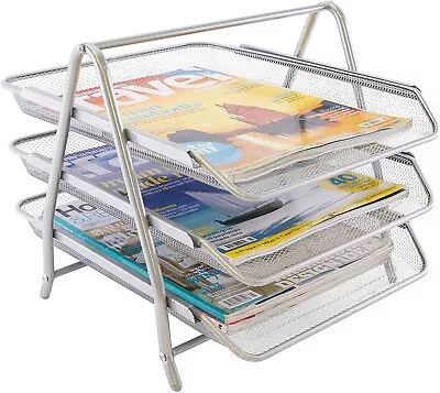 Silver Mesh Metal Tray 3 Tier Filing Letter Paper Document Holder Organizer • £11.50