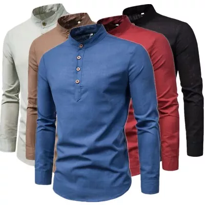 Mens Casual Cotton Shirt Long Sleeve Stand Collar Pullover Button Henley T-shirt • $13.89