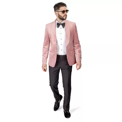 Shawl Lapel Velvet Tuxedo Pastel Pink 1 Button Suit Black Pants Flat Front AZAR • $149