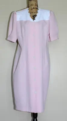 Vintage 80s T Fe Pink Polyester Short Sleeve Button Front Midi Dress Women's 16 • $32.87