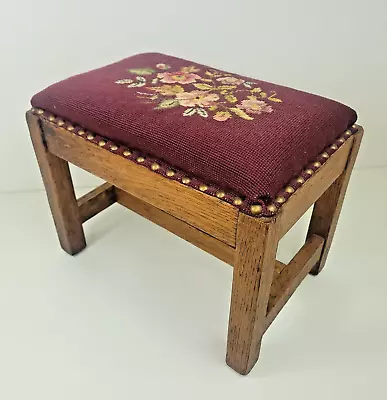 Vintage Upholstered Footstool Floral Pattern W/ Wood Legs Padded Tacked • $29.95