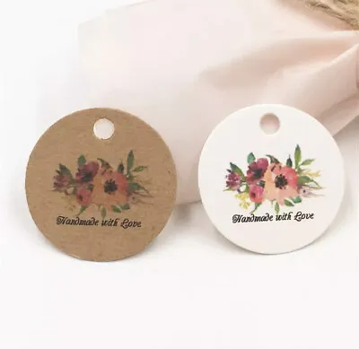 £1.70 • Buy Kraft Paper 'HANDMADE WITH LOVE' Gift Tags Round Labels Flower Pattern 3cm Brown