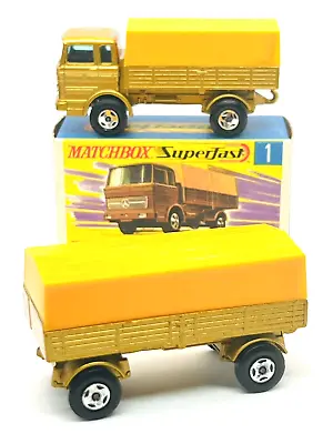 Matchbox Superfast 1 & 2 Mercedes Truck & Trailer In Gold Rare Red Clip Mib! • £45