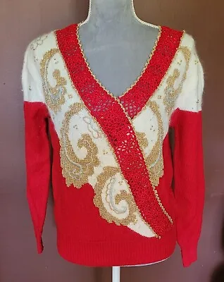 Dana Scott Sweater Women's M Red/White/Gold With Beads Embellished Vintage 80's • $16