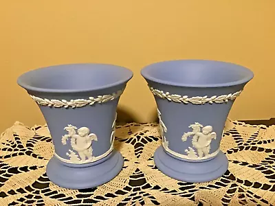 Pair Wedgwood Blue Jasper Ware Vases Classic Design Cherubs Oak Garland • $52