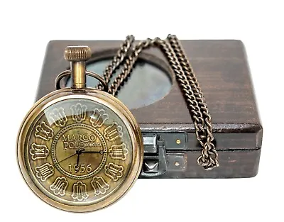 Antique Vintage Marco Polo Brass Pocket Watch Chronometer With Wooden Box-Gift • $30