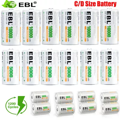 EBL Lot C D Cell / C D Size Rechargeable Batteries 5000/10000mAh 1.2V NiMh US • $24.99