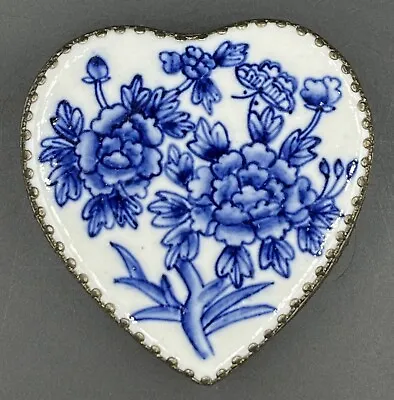 Vintage Shard Shaped Heart Trinket Box Blue White Porcelain Mirror Metal - C-3 • $24.99