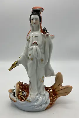 Porcelain Kwan Yin Guan Yin Dragon Fish Statue Figurine 10 1/4  Tall Read • $39.95