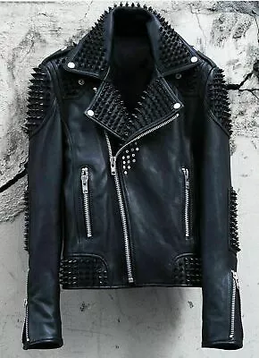 Men Leather Jacket Punk Black Studded Motorcycle Genuine Cowhide Leather Jacket • $265