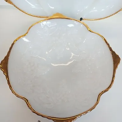 Vintage Milk Glass Lot Grape Pattern With Gold Trim Plus Separated Platter.  • $25