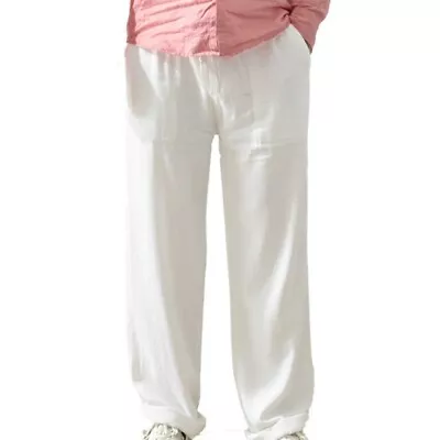 Men Cotton Linen Pants Chinese Kung Fu Drawstring Straight Trousers Casual White • $34.81