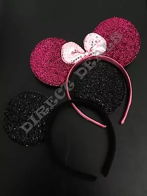 2 Pcs Minnie Mickey Mouse Ears Shimmer Black Sparkly Fuchsia Pink Bow Adult Kid • $6.99