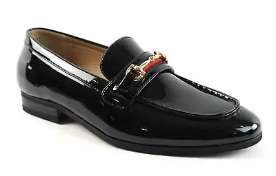 Men's Black Patent Tuxedo Dress Shoes Slip On Loafers Gold Buckle Formal AZAR • $49