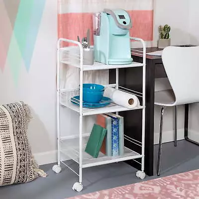 3-Tier Rolling Steel Wire Storage Cart With Lockable Wheels White • $34.10