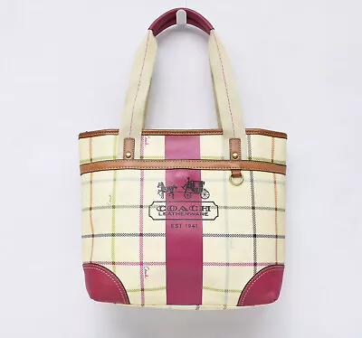 VTG Coach Plaid Heritage Striped Tote Hand Bag Leather White Pink Purse • $79.95