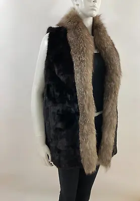 Sz M - Beautiful Patterned Dark Brown Extra Long Mink Fur Vest With Fox Trim • $309.99