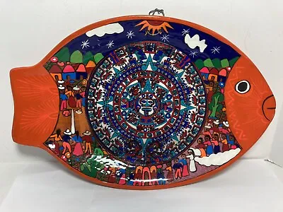 $19.99 • Buy Vintage Terra Cotta Folk Art Fish Platter Aztec Mayan Calendar Mexico 14.5”