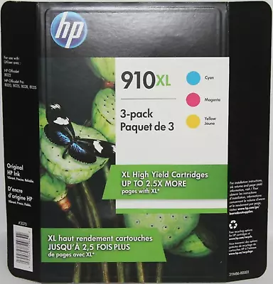 New Genuine HP 910XL Cyan Magenta Yellow 3PK Ink Cartridges OfficeJet 8022 8020 • $33.99