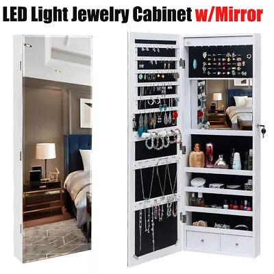 LED Light Jewelry Cabinet Wall-Mount/Door-Hanging Mirror Makeup Lockable Armoire • $106.89