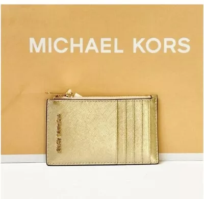 Michael Kors Jet Set Travel Top Zip Card Case Wallet Coin Pouch Pale Gold • $68.98