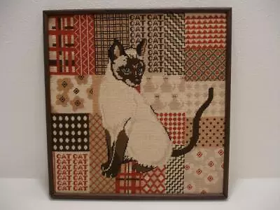 Vintage 1977 Framed Siamese Cat Needlepoint Canvas Fiber Art Brown 17.5  X 17  • $69.99