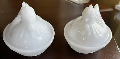 2 Vintage Anchor Hocking Milk Glass Hen On Nest Dish Lidded 5  With EGGS • $24.99