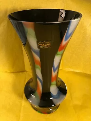 Vintage Makora Krosna Cobalt Rainbow Art Glass Vase 11 3/4  J. Popieluszki 92 • $69.95