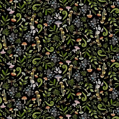 Wild Wonder Digital Forest Floor Y4078-3 Black Fabric BTHY Sue Zipkin Mushrooms • $6