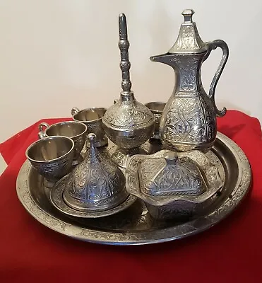 VTG  Silver Metal SENA Turkish Coffee Tea Zamzam Water Drinking Set Of 13 Pcs. • £66.17