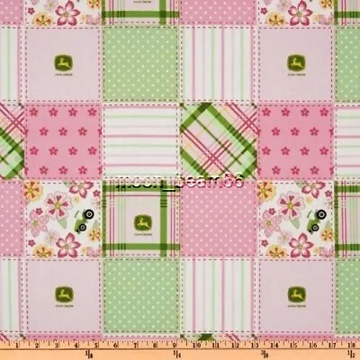 20 Inches John Deere Tractor Logo Floral Madras Pink Green Patch Cotton Fabric • $5.95